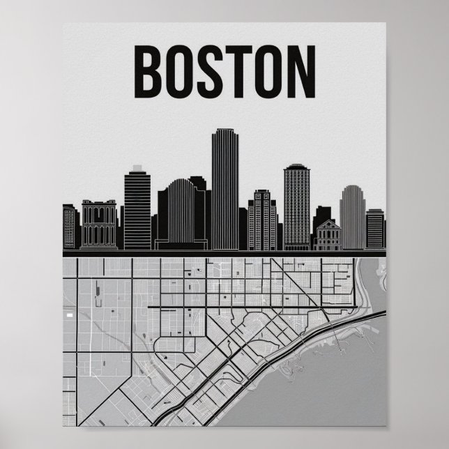 Poster Boston Massachusetts City Skyline avec carte (Devant)