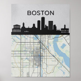 Poster Boston Massachusetts City Skyline avec carte