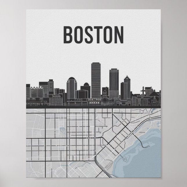 Poster Boston Massachusetts City Skyline avec carte (Devant)