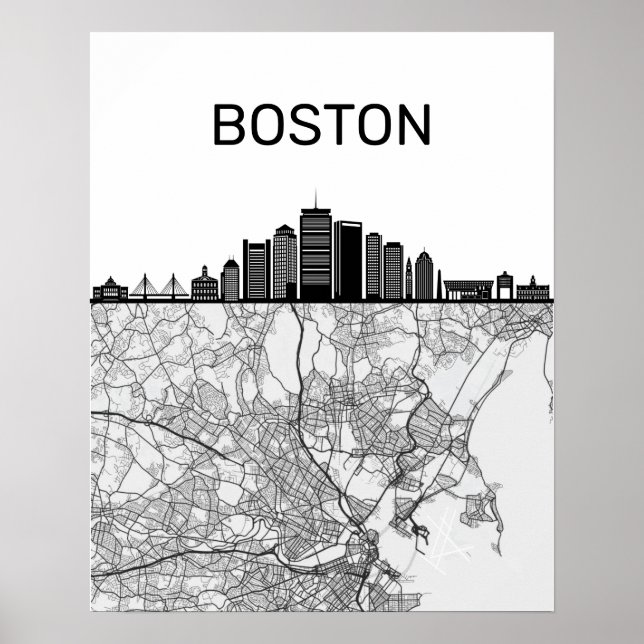 Poster Boston Massachusetts City Skyline avec carte (Devant)