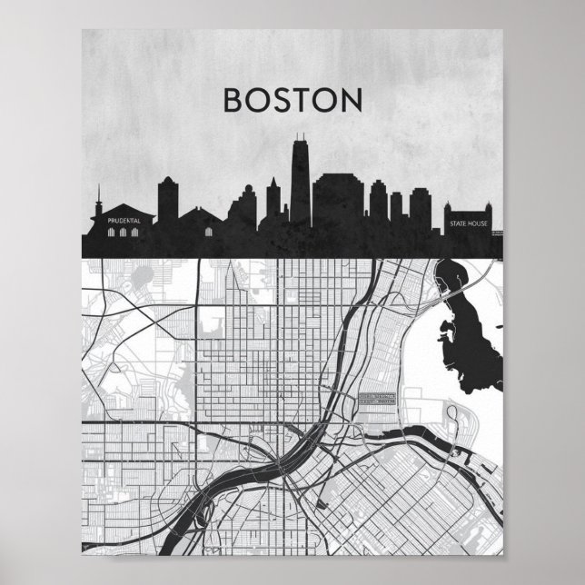 Poster Boston Massachusetts City Skyline avec carte (Devant)