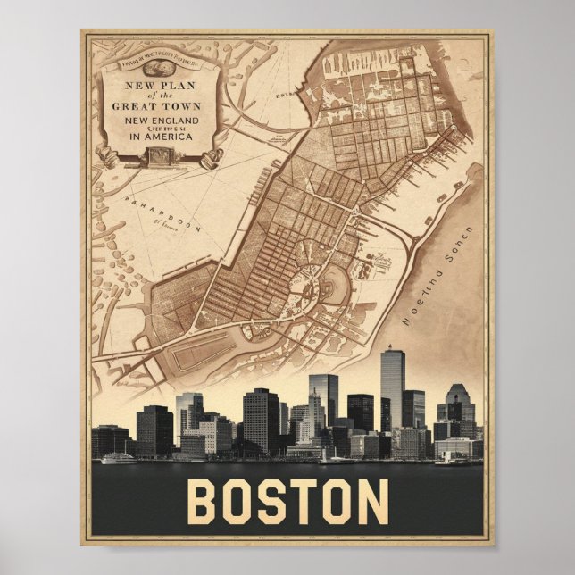 Poster Boston Massachusetts City Skyline Avec Carte Vinta (Devant)