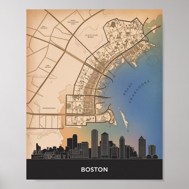 Poster Boston Massachusetts City Skyline Avec Carte Vinta (Devant)