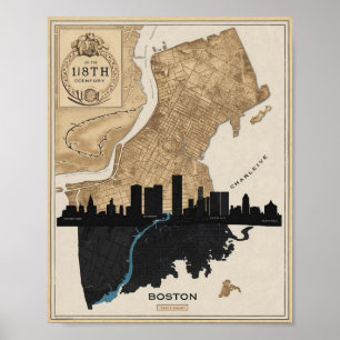 Poster Boston Massachusetts City Skyline Avec Carte Vinta