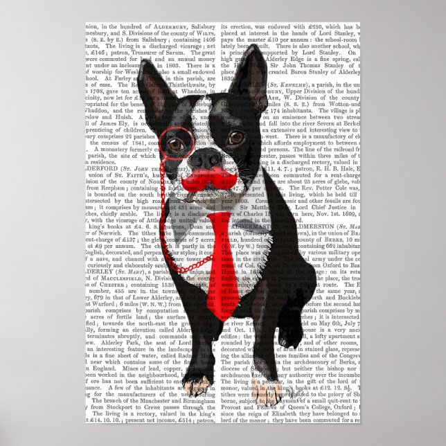 Poster Boston Terrier avec Cravate rouge et moustache (Devant)