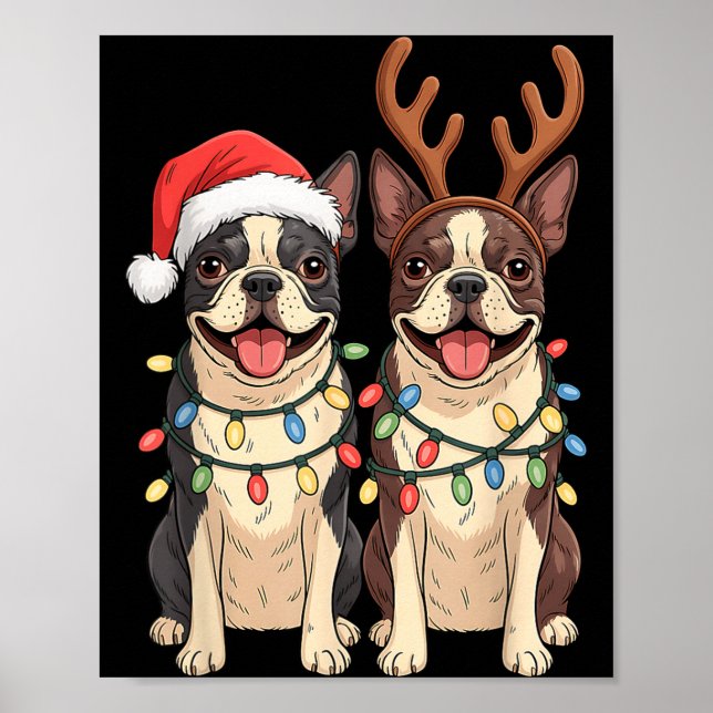 Poster Boston Terrier Christmas Santa Hat Reindeer Lights (Devant)