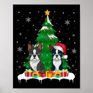 Poster Boston Terrier Christmas Tree Lumières Père Noël R