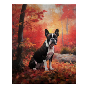 Poster Boston Terrier dans les feuilles d'automne qui tom