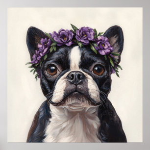 Poster Boston Terrier dans une couronne de fleurs violett