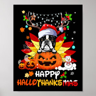 Poster Boston Terrier Dog Halloween And Merry Christmas