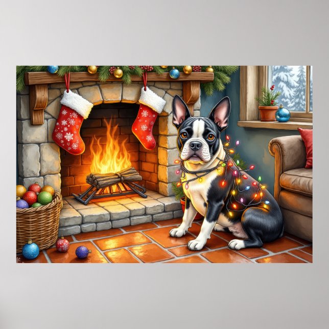 Poster Boston Terrier Fireplace with Christmas Lights (Devant)
