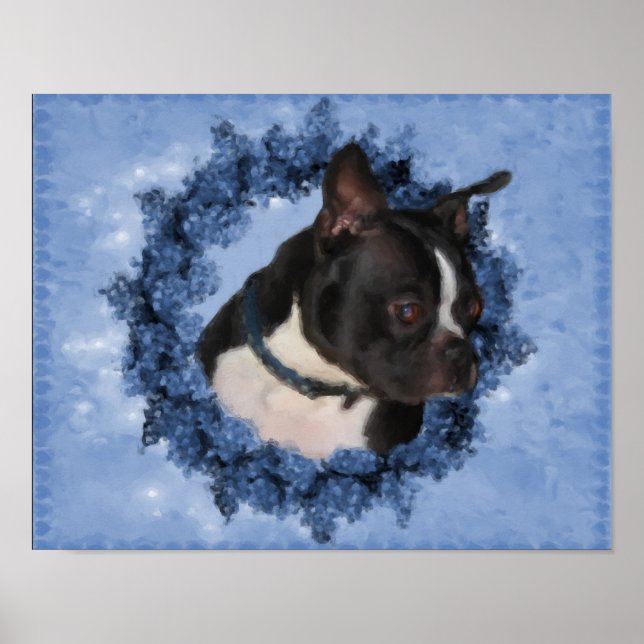 Poster Boston Terrier Fleurs Chien Art peinture photo (Devant)