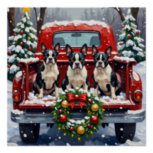 Poster Boston Terrier Noël Camion Rouge Fêtes