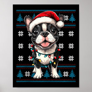 Poster Boston Terrier Père Noël Xmas Lumières arbre Bosti