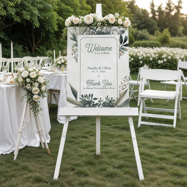 Poster Botanical Sage Green Greenery Wedding Welcome (Botanical Greenery Wedding Welcome Sign | Sage Green Garden Wedding Welcome Poster)