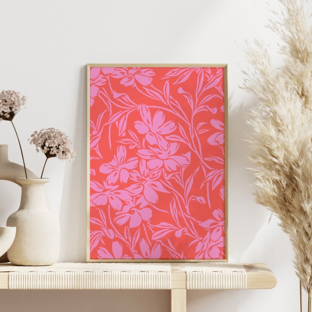 Poster Botanique Floral Boho Art Design en rose et rouge (Créateur téléchargé)