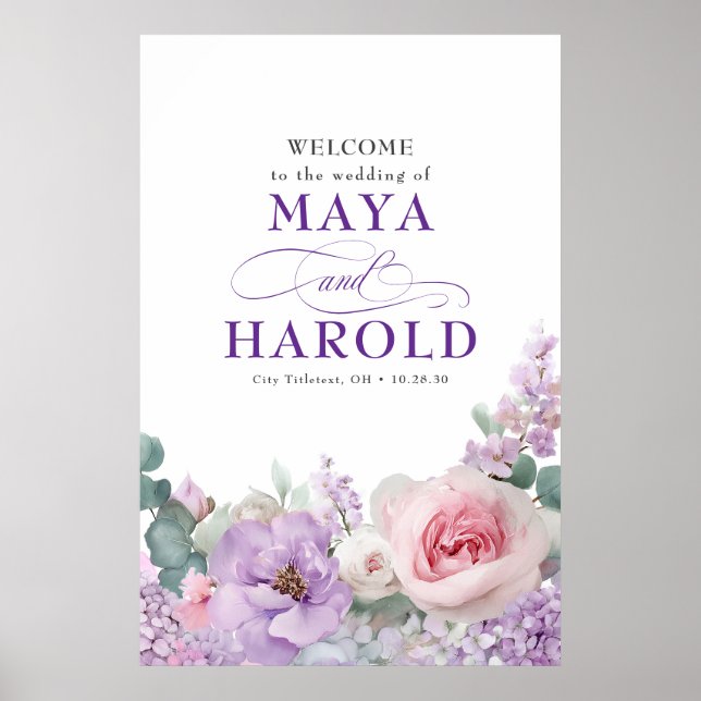 Poster Botanique Florale violet et rose Mariage Bienvenue (Devant)