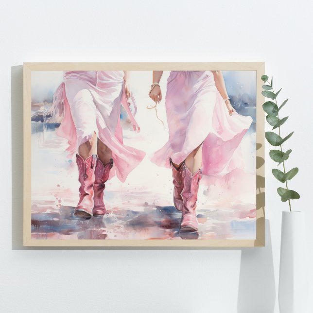 Poster Bottes d'aquarelle branchées pour filles sur la pl (Preppy Cowgirl Boots walking on Beach Coastal Pink Blue Watercolor Poster Wall Art Print)