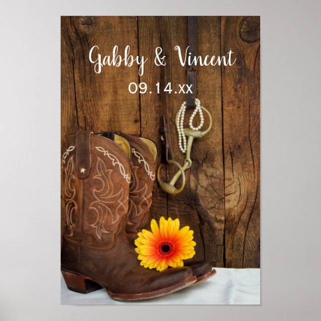 Poster Bottes de cowboy, marguerite et cheval Mariage occ (Devant)