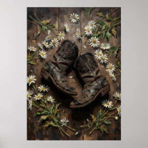 Poster Bottes de cowboy occidentales et marguerites Pos f