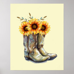 Poster Bottes rustiques Cowboy avec tournesol