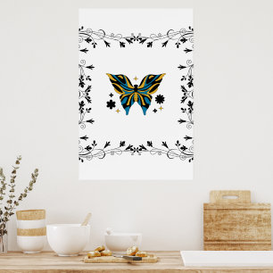 Poster Bouchon blanc - Papillon noir et bleu