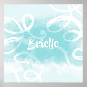 Poster Boucles Chic Pastel Bleu Aquarelle Avec Nom