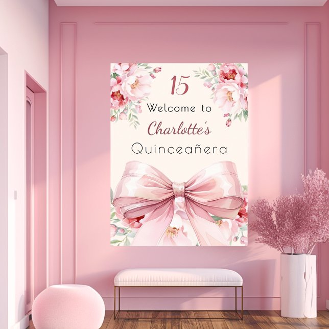 Poster Boucles de crème à l'arc rose Quinceanera signe de (Créateur téléchargé)