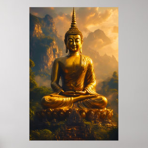Poster Bouddha assis doré sous un ciel de coucher de sole