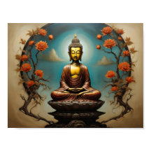 Bouddha Gautama en méditation avec arbre fleuri 