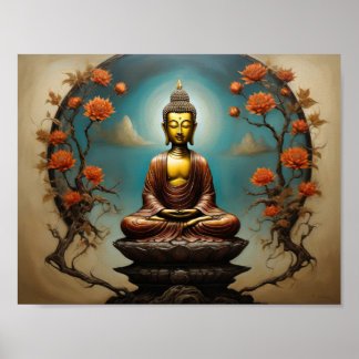 Poster Bouddha Gautama en méditation avec arbre fleuri 