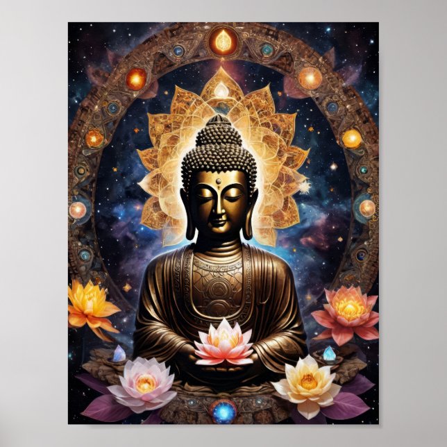 Poster Bouddha méditant avec des fleurs de loto (Devant)