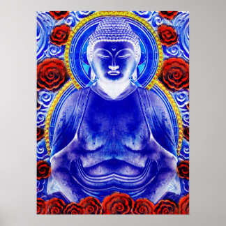 Poster Bouddha Mystique - tons bleu et rouge Cool