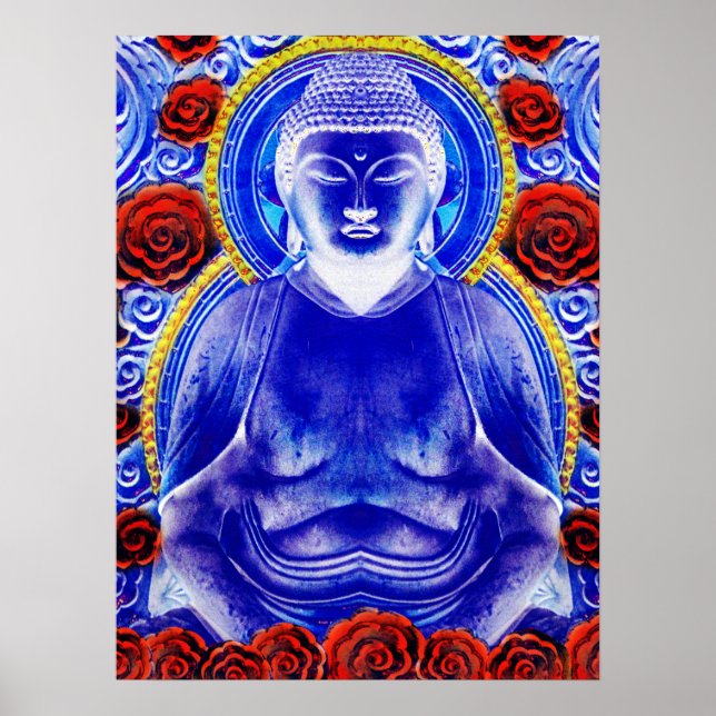 Poster Bouddha Mystique - tons bleu et rouge Cool (Devant)