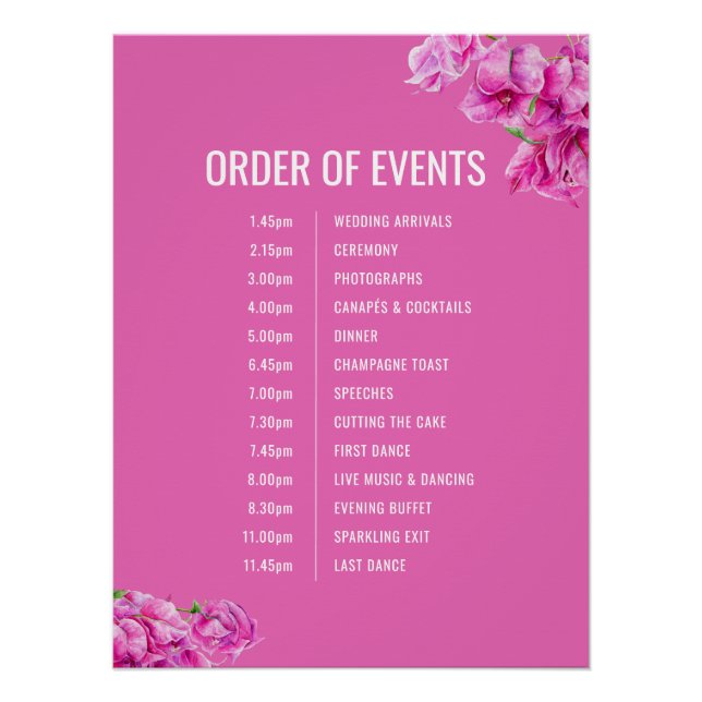 Poster Bougainvilliers roses mariage ordre des événements (Devant)