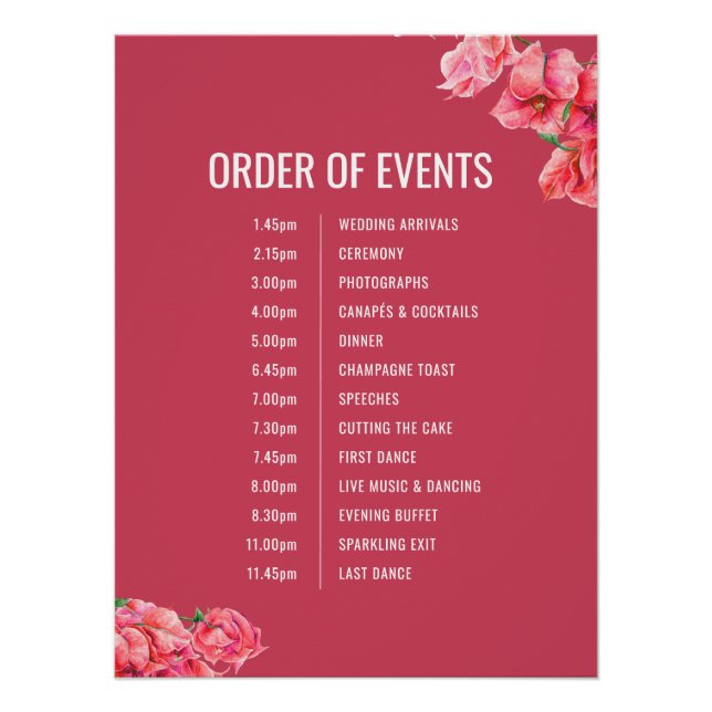 Poster Bougainvilliers rouges mariage ordre des événement (Devant)
