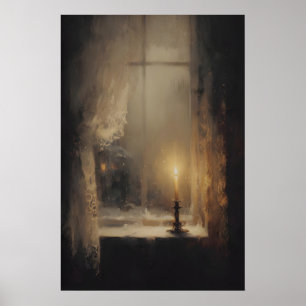 Poster Bougie Unique Dans La Fenêtre Au Crépuscule, Dark