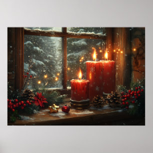 Poster Bougies Rouges de Noël Fenêtre Hivernale