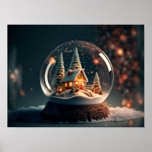 Poster Boule de neige avec arbre de Noël et maison à l'in