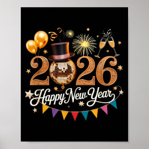 Poster Boule disco fête du Nouvel An 2026 dorée Fête