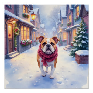 Poster Bouledogue anglais Village de Noël hivernal Fêtes