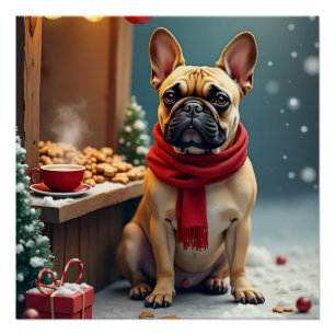 Poster Bouledogue français au marché de Noël vintage