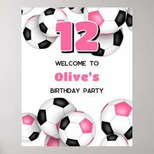 Poster boules de football rose noir filles fête d'anniver