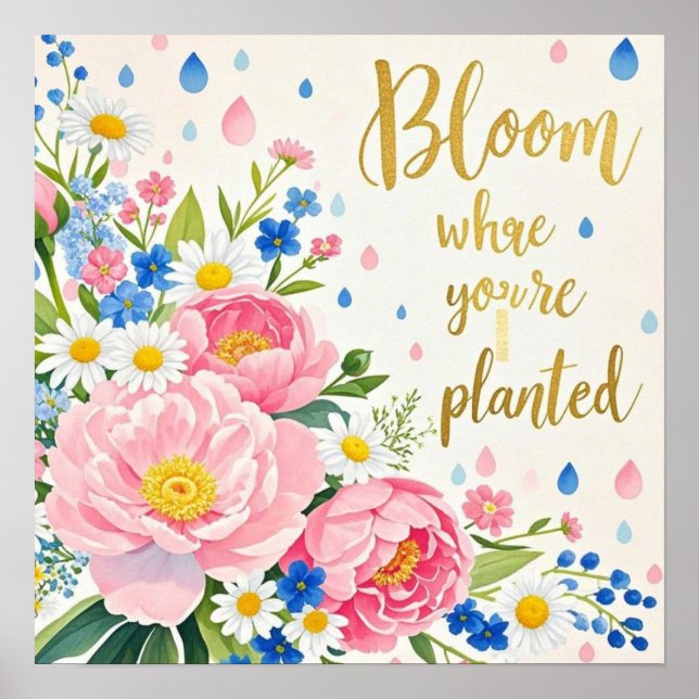 Poster Bouquet aquarelle vibrant de pivoines, de margueri (Devant)