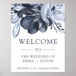 Poster Bouquet bleu Aquarelle Floral Mariage Bienvenue