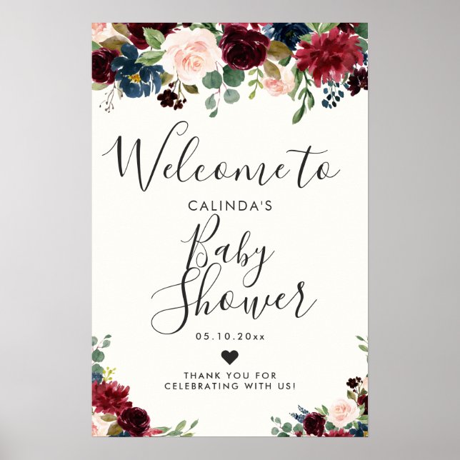 Poster Bouquet Bourgogne | BABY SHOWER | Bienvenue (Devant)
