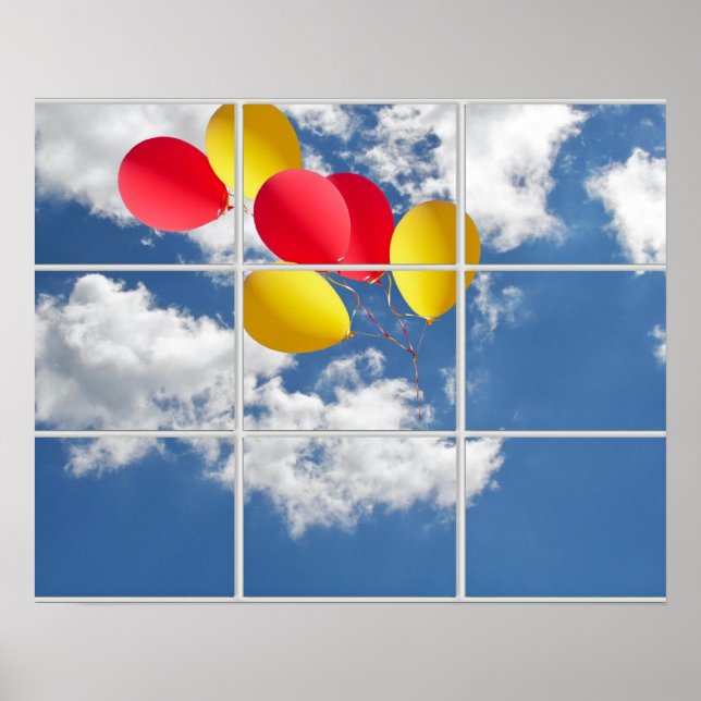 Poster bouquet de ballons dans le ciel à travers la fenêt (Devant)