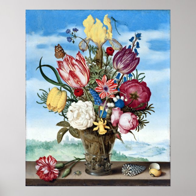 Poster Bouquet de fleurs Ambrosius Bosschaert sur une hai (Devant)