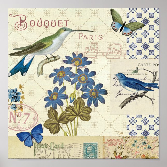 Poster Bouquet de fleurs bleues, d'oiseaux et de papillon (Devant)