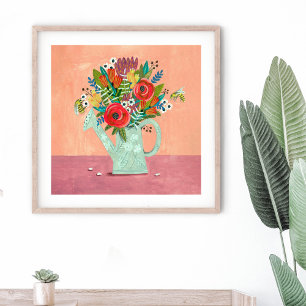 Poster Bouquet de fleurs dans arrosoir rose